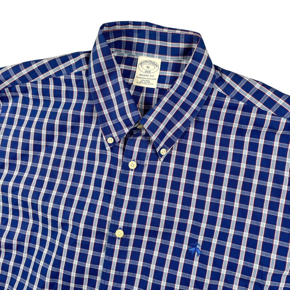 Brooks Brothers Button Down Mens XL Blue Plaid Regent Fit Non-Iron Short Sleeve